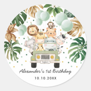 Sticker Rond Jungle verdoyante Safari Animaux sauvages Un anniv