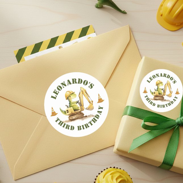 Sticker Rond Jurassic Construction Zone Boy Birthday (Créateur téléchargé)