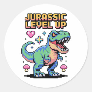 Sticker Rond Juric Level Up Pixel Dinosaur Retro Gamer 1 