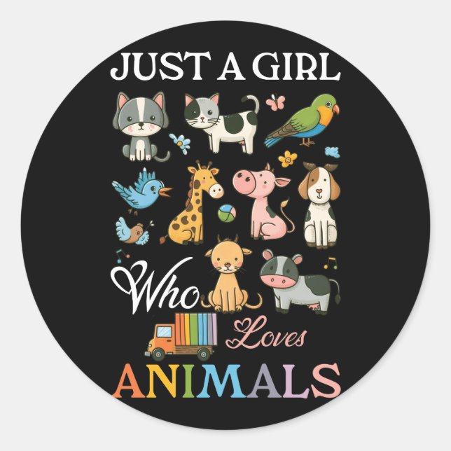 Sticker Rond Juste fille qui aime les animaux Chien Chat Cheval (Devant)