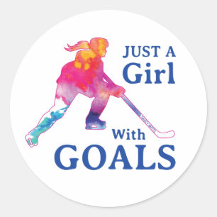 Sticker Rond Juste une fille avec des buts Hockey aquarelle