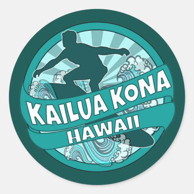 Sticker Rond Kailua Kona Hawaii logo turquoise surfer (Devant)