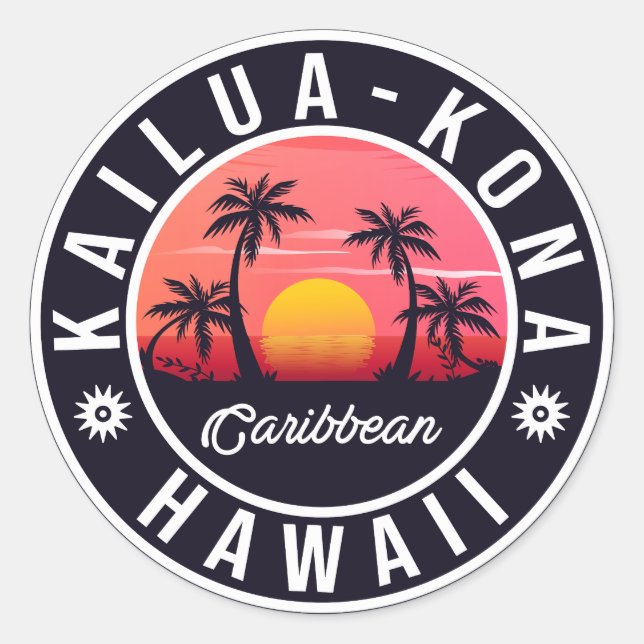 Sticker Rond Kailua Kona Hawaii Retro Sunset 60s Souvenirs (Devant)