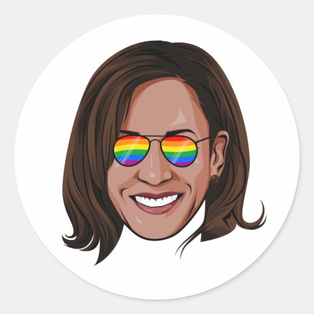Sticker Rond Kamala Harris - Tête avec Aviateurs Arc en ciel (Devant)