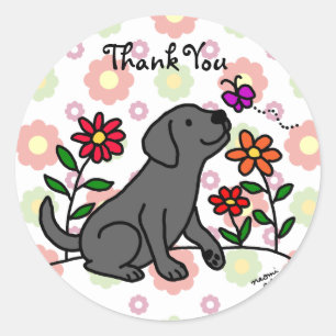 Sticker Rond Kawaii Black Labrador Cartoon Floral