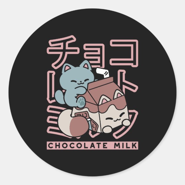 Sticker Rond Kawaii Cat with Chocolate Milk – Japanese Pop Art  (Devant)