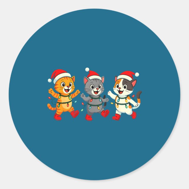 Sticker Rond Kawaii Cats Santa Hat Dancing Lights Christmas Dan (Devant)