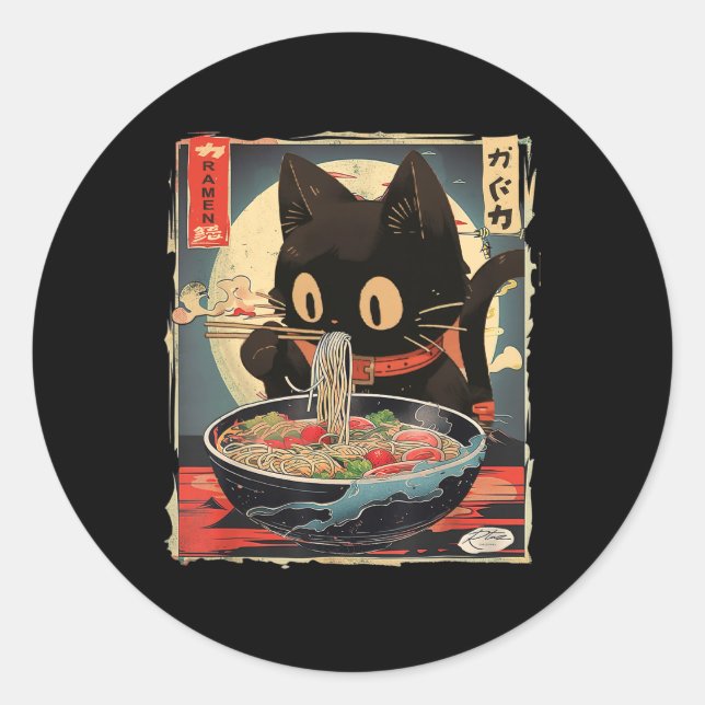 Sticker Rond Kawaii Chat Manger Ramen nouilles Anime Cadeaux Fi (Devant)