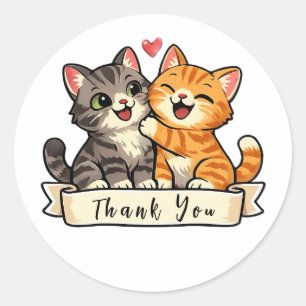Sticker Rond Kawaii Chatons Heureux avec Cœur Rose Merci