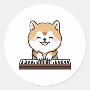 Sticker Rond Kawaii Chien mignon Jouer Piano Clavier