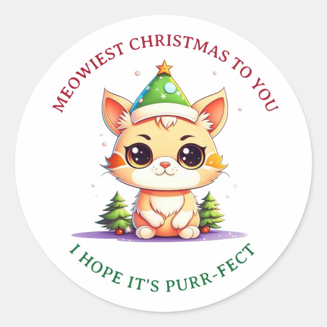 Sticker Rond Kawaii Christmas Kitten Pun chat de vacances (Devant)