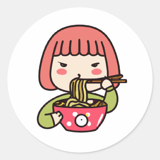 Sticker Rond Kawaii Fille mangeant Ramen avec baguettes (Devant)