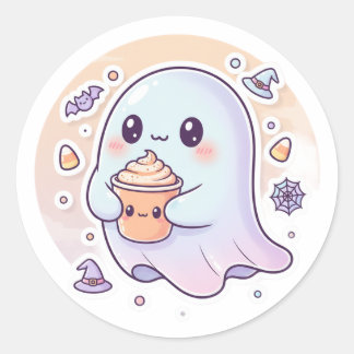 Sticker Rond Kawaii Ghost with Pumpkin Latte – Cute Halloween S