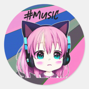 Sticker Rond Kawaii Girl avec casque sur