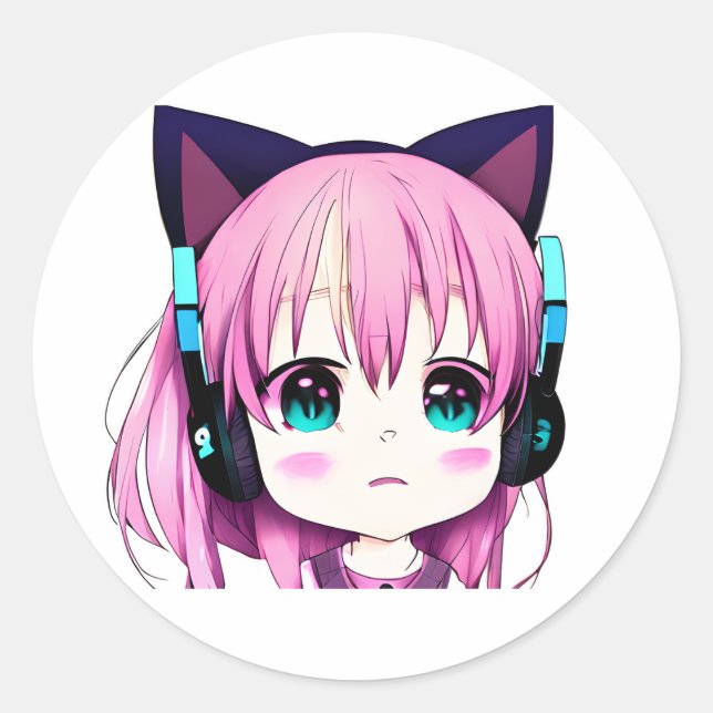Sticker Rond Kawaii Girl avec casque sur (Devant)