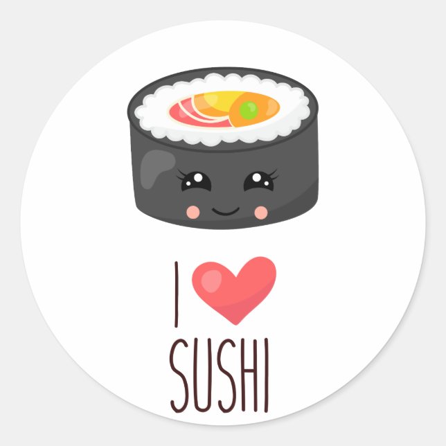 Sticker Rond Kawaii I Love Sushi (Devant)