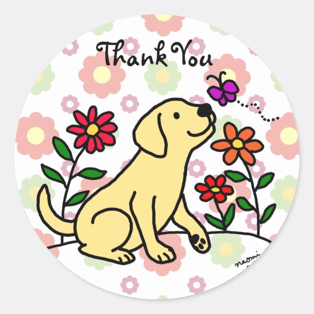Sticker Rond Kawaii Jellow Labrador Cartoon Floral (Devant)