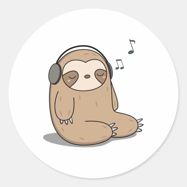 Sticker Rond Kawaii Jolie Sloth Écouter De La Musique (Devant)