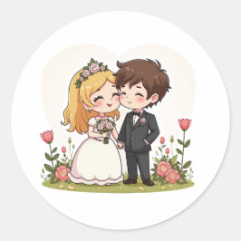 Sticker Rond Kawaii Mariage de contes de fées - Chibi Couple