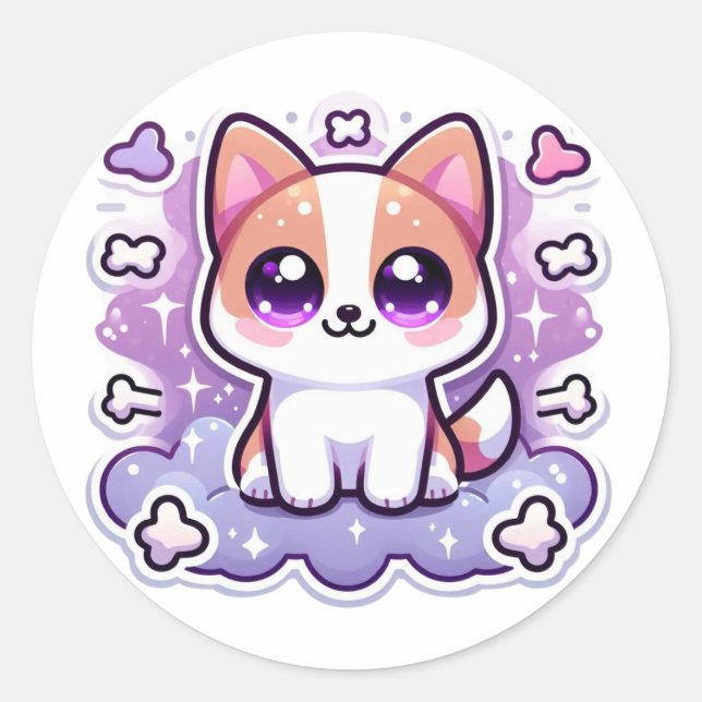 Sticker Rond Kawaii mignon chiot adorable caricature Chien gros (Devant)