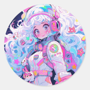 Sticker Rond Kawaii Moe Pastel Astronaut spatial Anime Girl