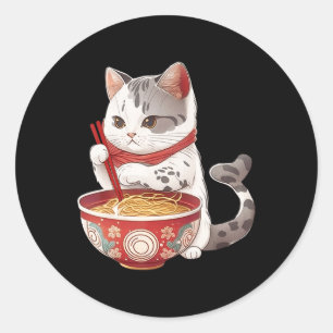 Sticker Rond Kawaii Ne Ko Chat Manger Ramen Noodles Nourriture 