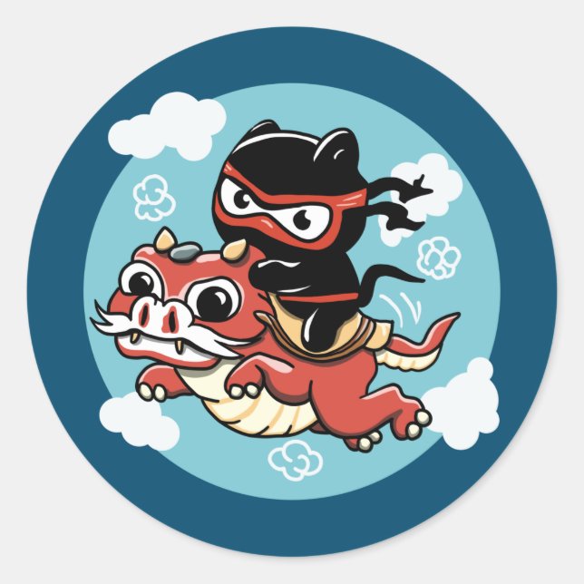 Sticker Rond Kawaii Ninja Chat à cheval sur un Dragon Rouge (Devant)