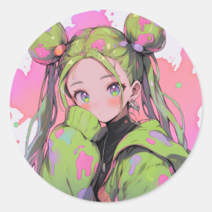 Sticker Rond Kawaii Pastel Splatter Anime Girl