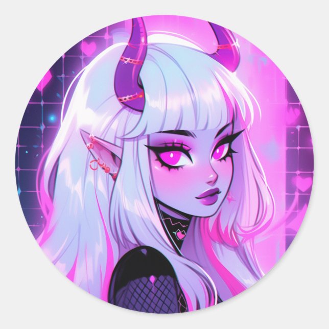 Sticker Rond Kawaii Pink Demon Girl (Devant)
