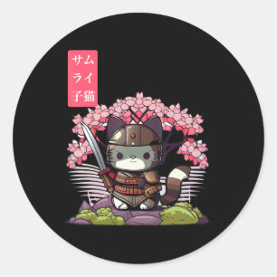 Sticker Rond Kawaii Samurai Kitten avec fleurs de cerisier japo