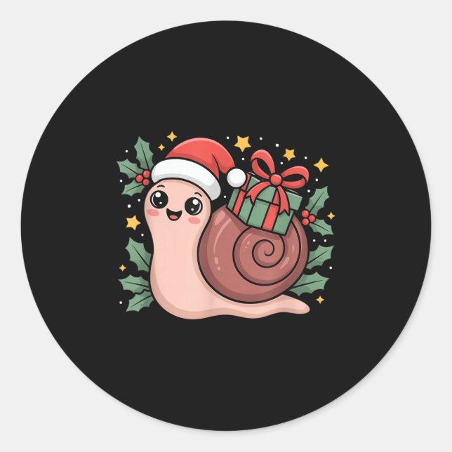 Sticker Rond Kawaii Santa Snail With Wrapped Box And Holly Star (Devant)
