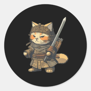 Sticker Rond Kawaii Style japonais Samurai Cat Anime