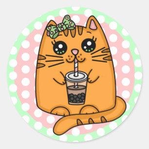Sticker Rond Kawaii Style Kitty Chat avec Bubbly Tea