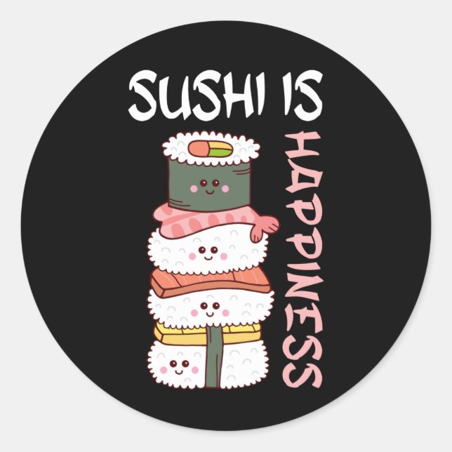 Sticker Rond Kawaii Sushi Happy Anime Cute Japonaise Nourriture (Devant)