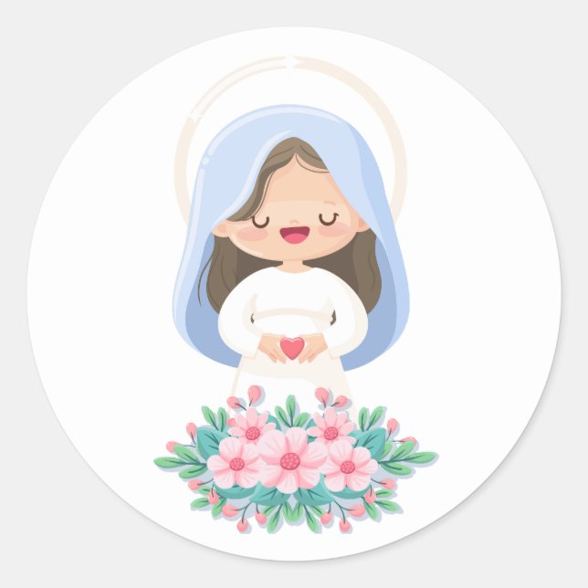 Sticker Rond Kawaii Vierge Marie tenant le coeur - Blanc (Devant)