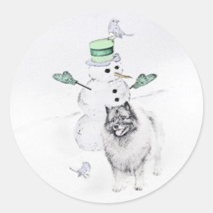 Sticker Rond Keeshond Noël Snowman Peinture Chien Art
