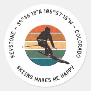 Sticker Rond Keystone, Colorado - Man Skier, Texte noir