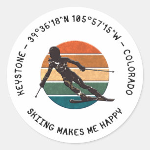 Sticker Rond Keystone, Colorado - Skieuse, Texte noir