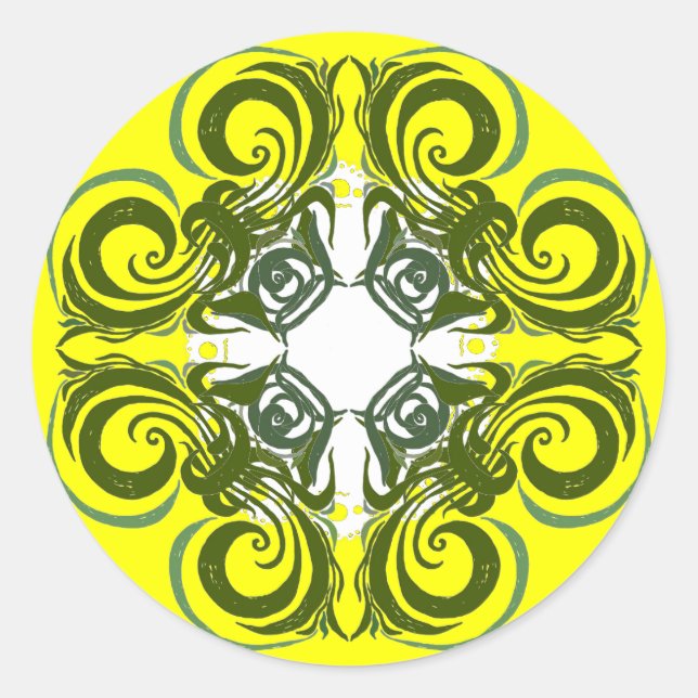 Sticker Rond Khokhloma Yellow Green Curly Motif (Devant)