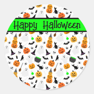 Sticker Rond Kid Halloween Ghost Citrouille Black Chat Personna