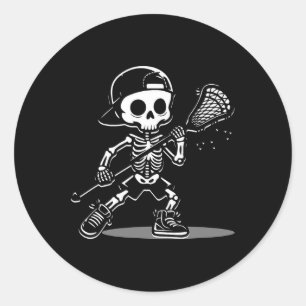 Sticker Rond Kid Halloween Squelette Jouer Lacrosse Sport Jouer