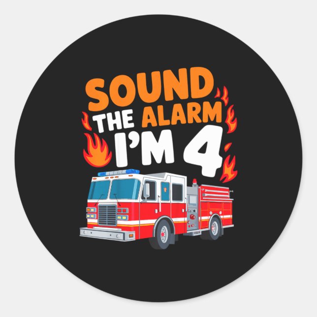 Sticker Rond Kids Sound The Alarm I'm 4 Years Old 4th Birthday  (Devant)