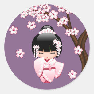 Sticker Rond Kimono Rose Kawaii Kokeshi Poupée sur Fond Violet