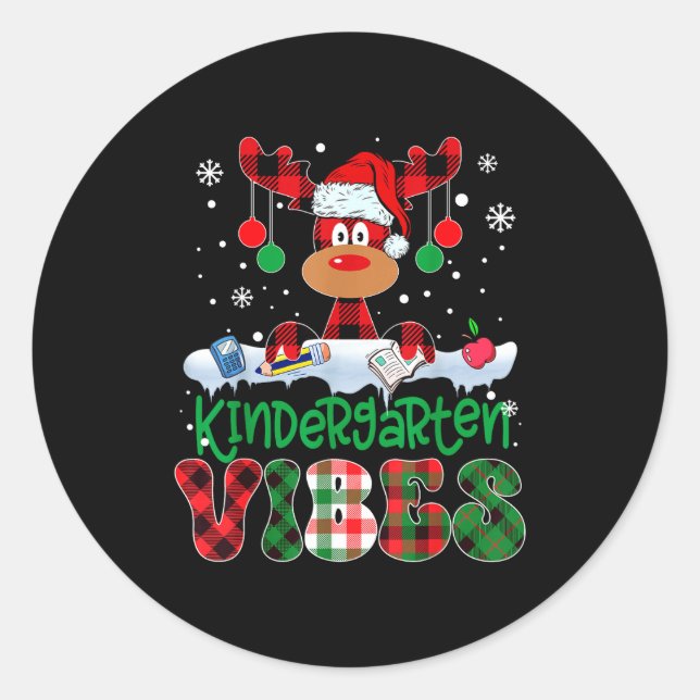 Sticker Rond Kindergarten Vibes Teacher Buffalo Plaid Reindeer  (Devant)