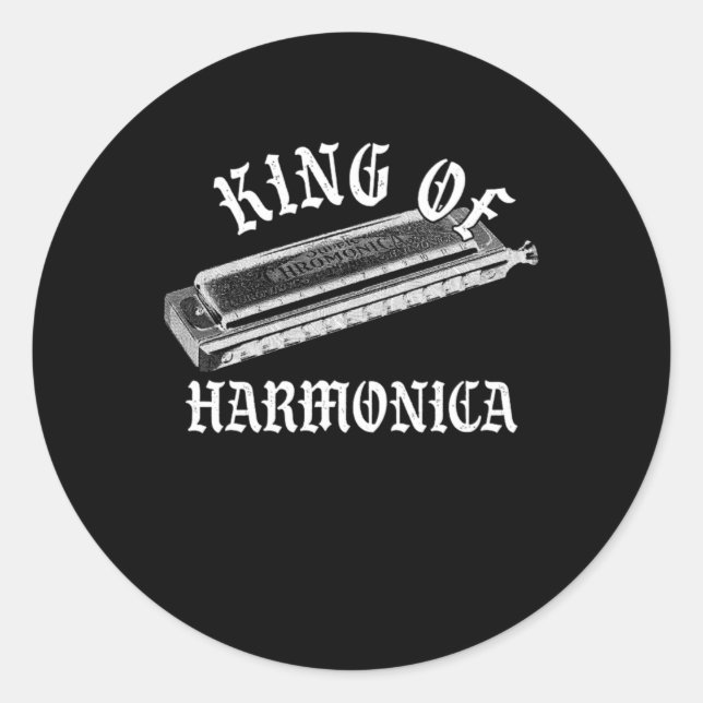 Sticker Rond King Of Harmonica Instrument Blues Music Band Cade (Devant)