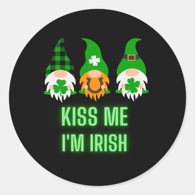 Sticker Rond Kiss Me Je suis Irlandais St. Patrick's Day Gnome  (Devant)