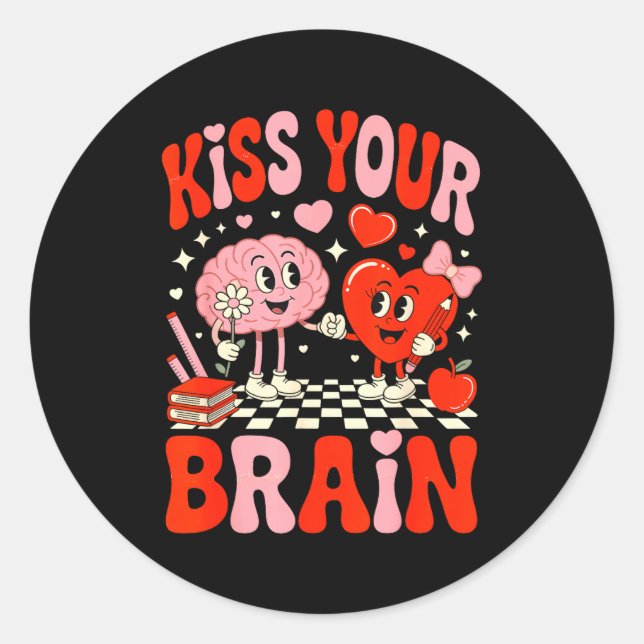 Sticker Rond Kiss Your Brain Women Valentine's Day Retro School (Devant)
