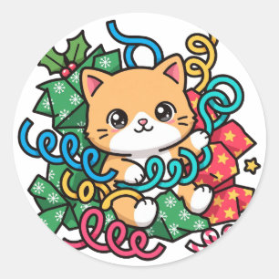 Sticker Rond Kit de papier cadeau pour chaton de Noël