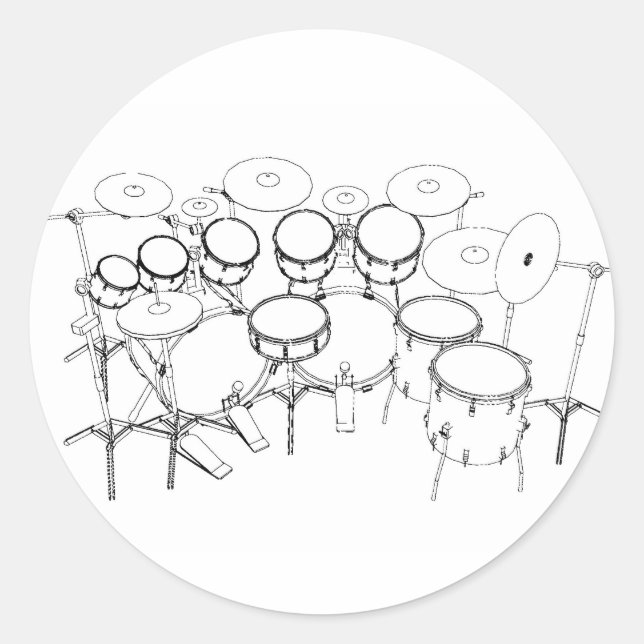 Sticker Rond Kit de tambour 10 pièces : dessin noir et blanc : (Devant)
