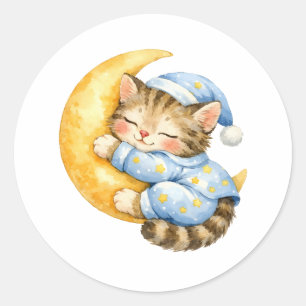 Sticker Rond Kitten à l'aquarelle dormant sur le croissant de l